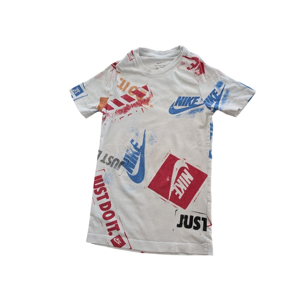Nike Boys Size Small Graphic Tee Shirt‎ White Red Blue All Over Print